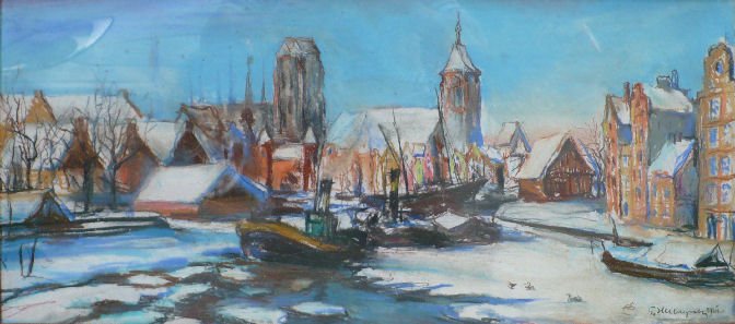 Motława Zimą",akwarela Motława Zimą",akwarela